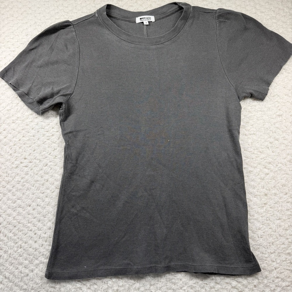 LA Made Women Basic Crew-Neck Gray Cotton Short Sleeve T-Shirt Size S Raw Hem